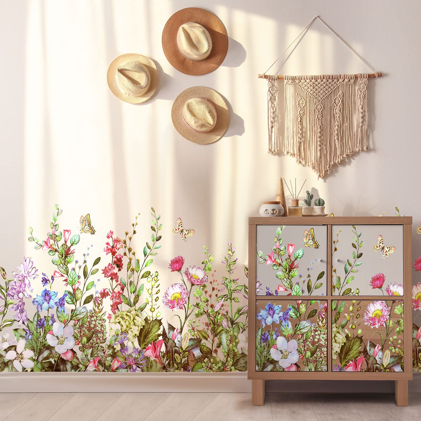 Outus Flower Wall Decals Floral Butterfly Wall Stickers Wildflower Greenery Wall Decor Removable Peel And Stick Art Murals For K